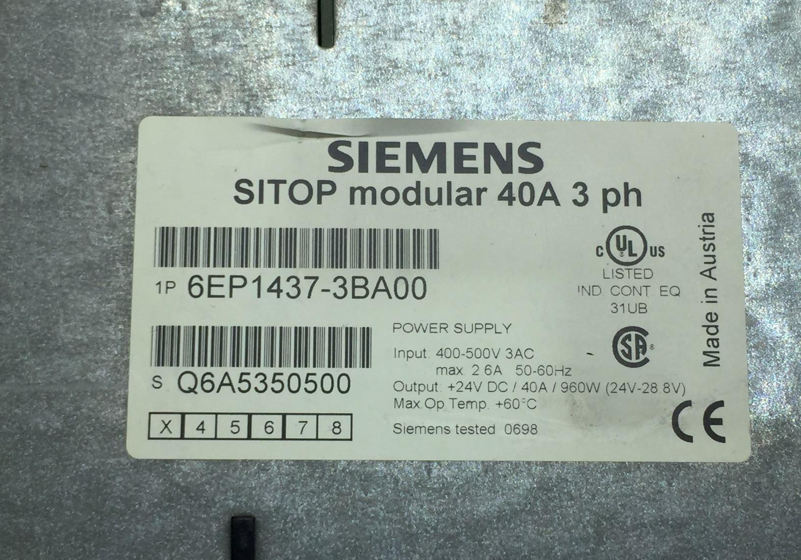  SIEMENS 6EP1437-3BA00 SITOP MODULAR 40A 24VDC POWER SUPPLY 