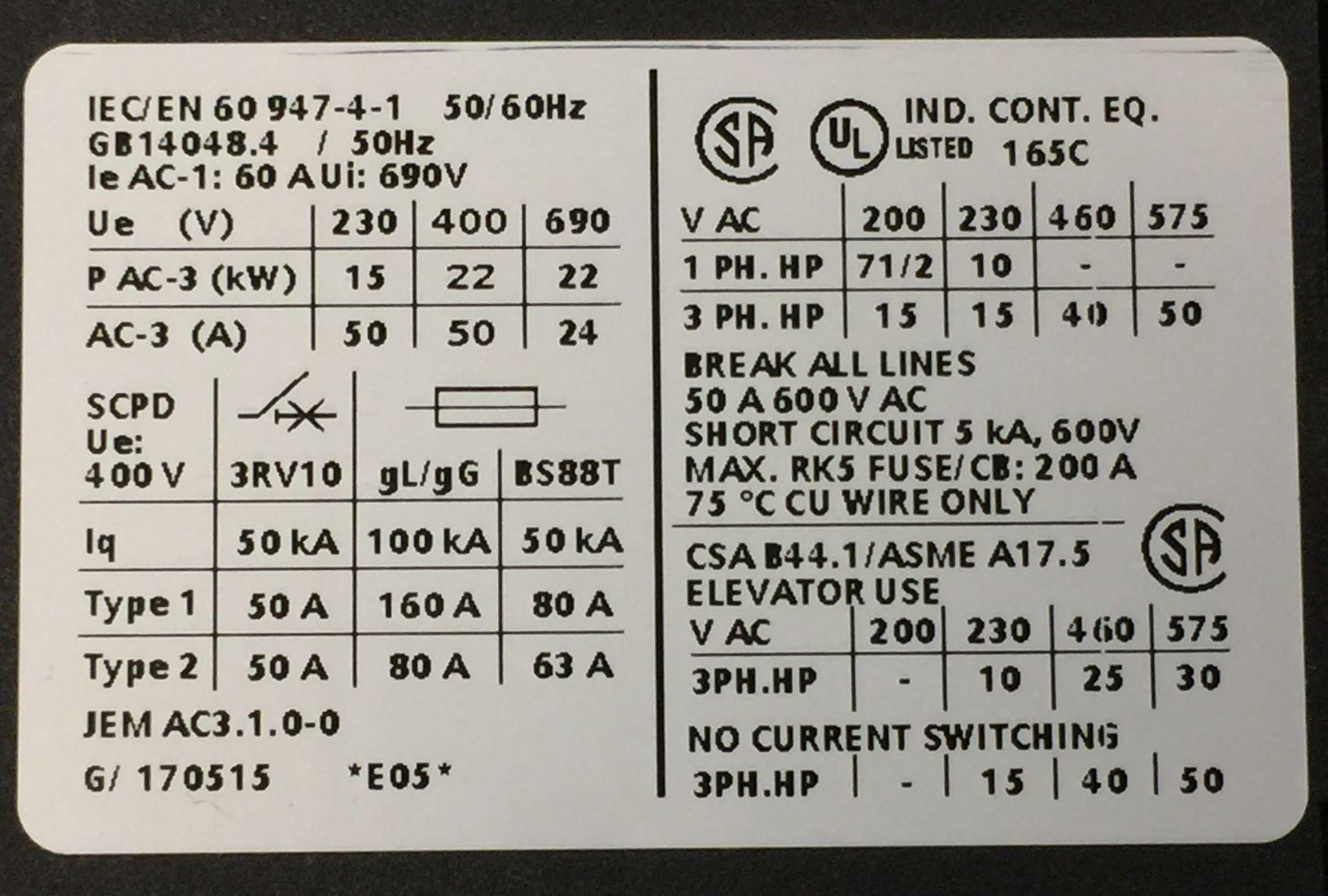 SIEMENS SIRIUS POWER CONTACTOR 24VDC COIL PN# 3RT1036-1BB40