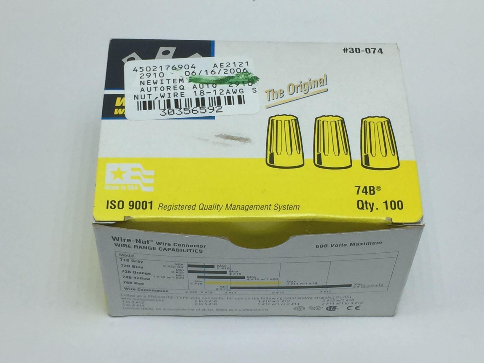 NEW IDEAL 30-074 IDEAL WIRE-NUT 74B WIRE CONNECTOR YELLOW BOX OF 100 
