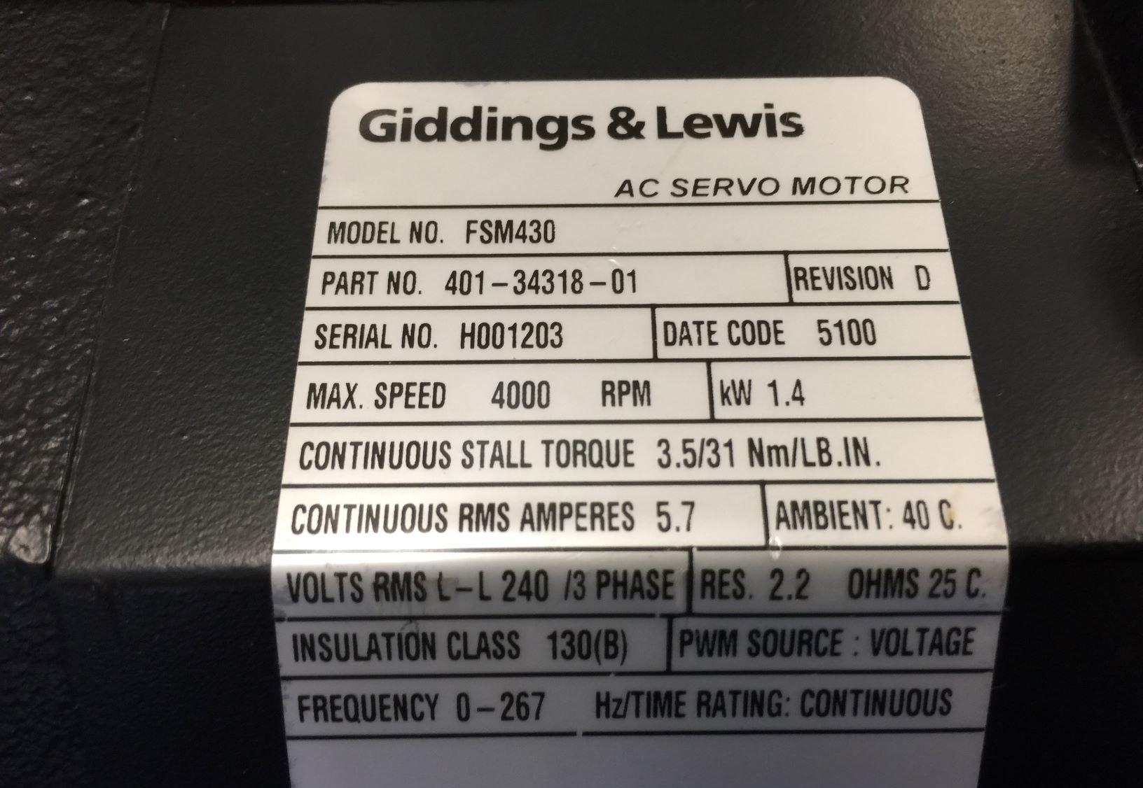 GIDDINGS & LEWIS FSM430 SERVO MOTOR TESTED/EXCELLENT 