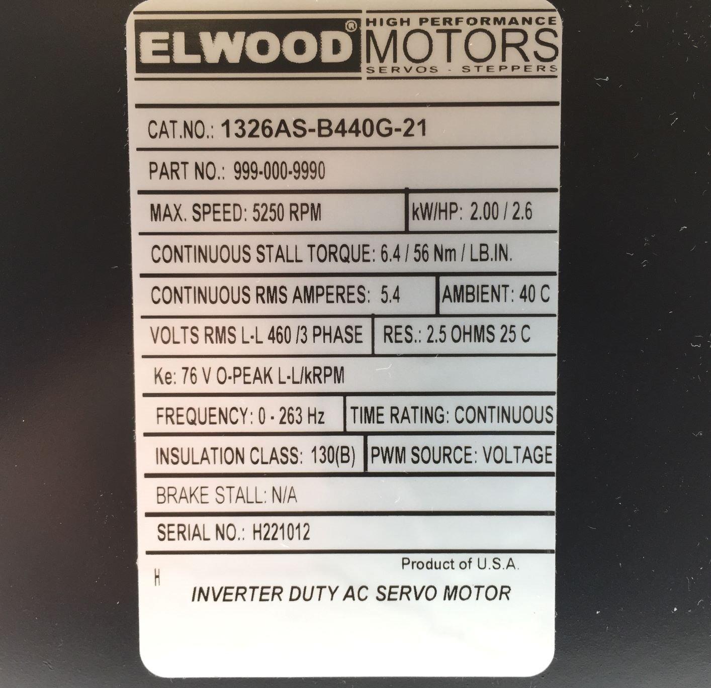 NEW Elwood 1326AS-B440G-21 Servo Motor 2.6HP  PN# 999-000-9990 