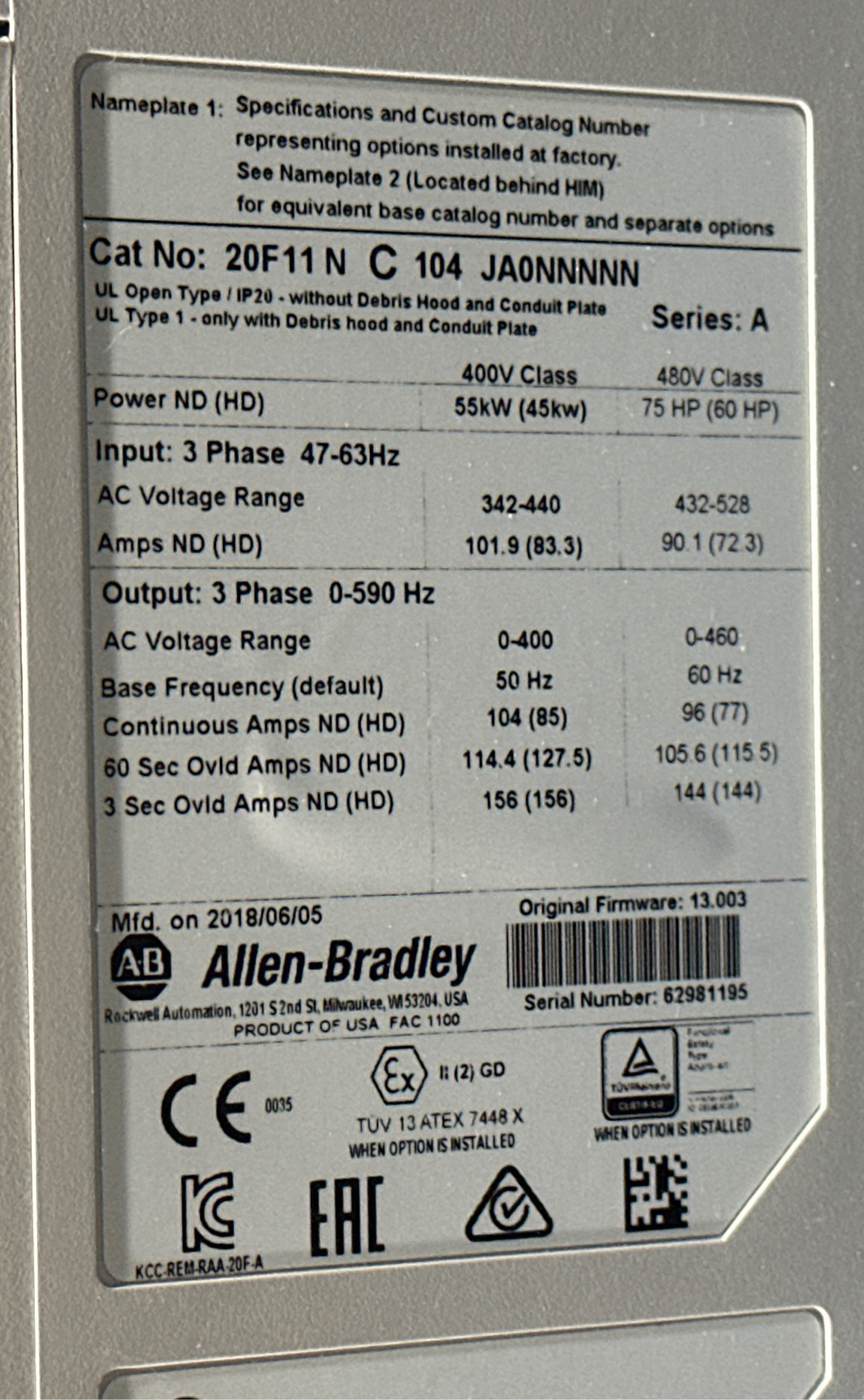 Allen-Bradley 20F11N C 104 JA0NNNNN SER.A PowerFlex®753 AC Drive