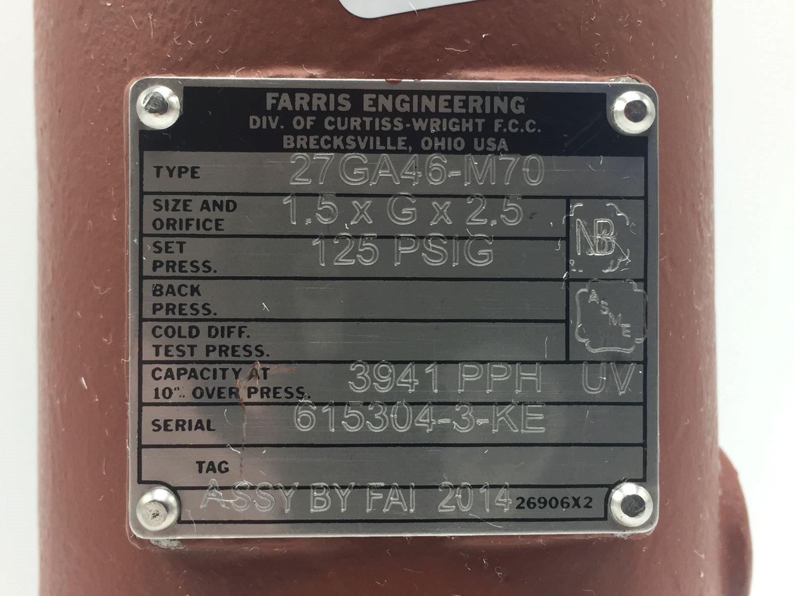 FARRIS ENGINEERING 27GA46-M70 PRESSURE RELEIF VALVE 