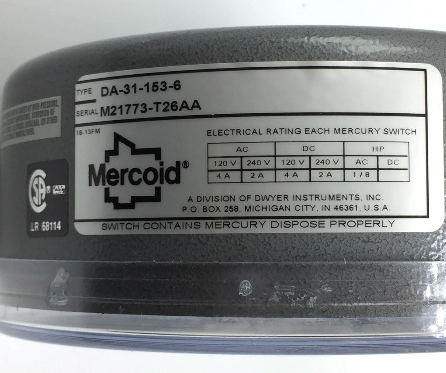 NEW Dwyer DA-31-153-6 Mercoid® Bourdon Tube Pressure Switch 5-100Psi 120-240VAC/