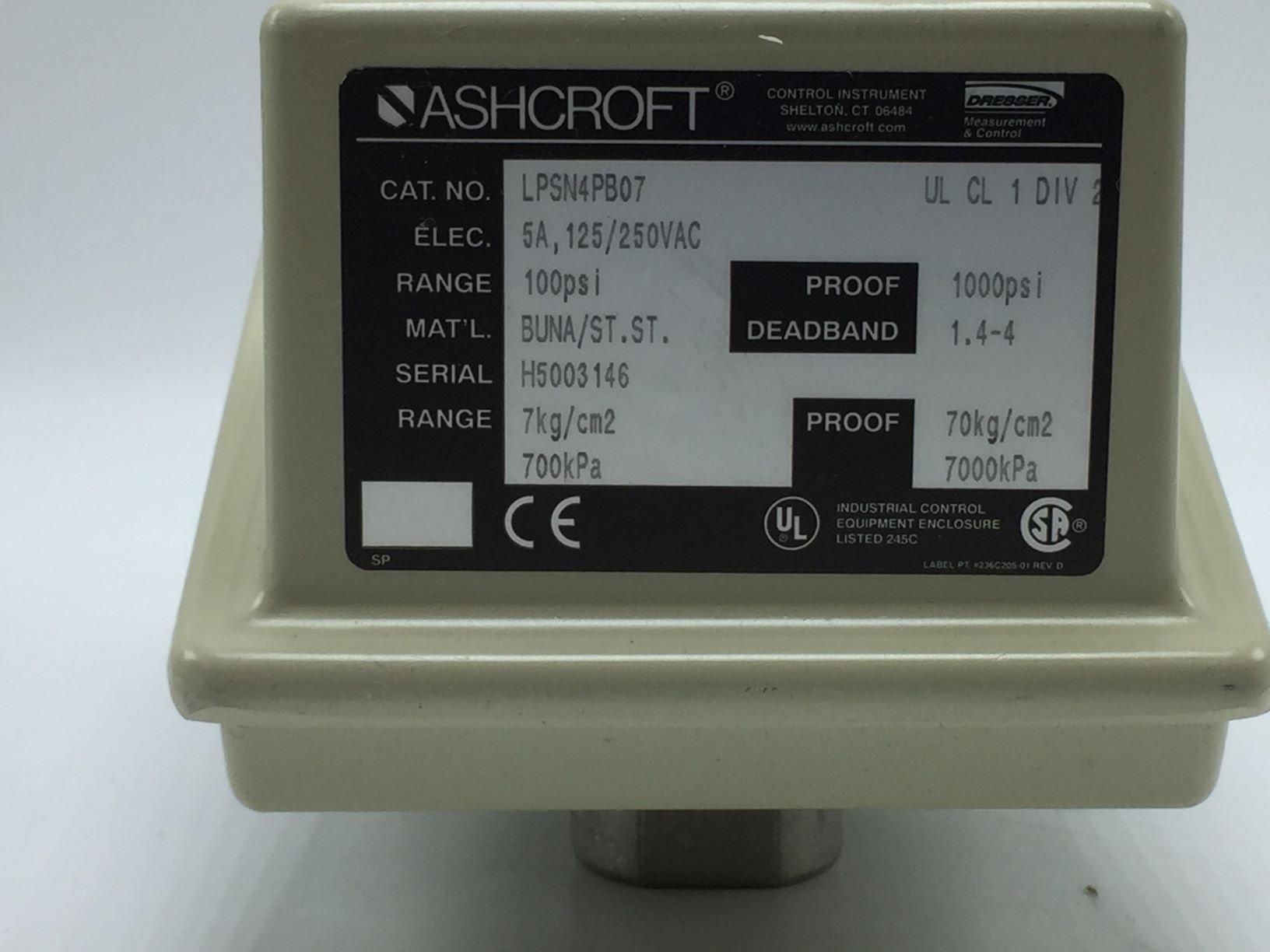 ASHCROFT LPSN4PB07 PRESSURE SWITCH 5A 125/250VAC 100PSI 