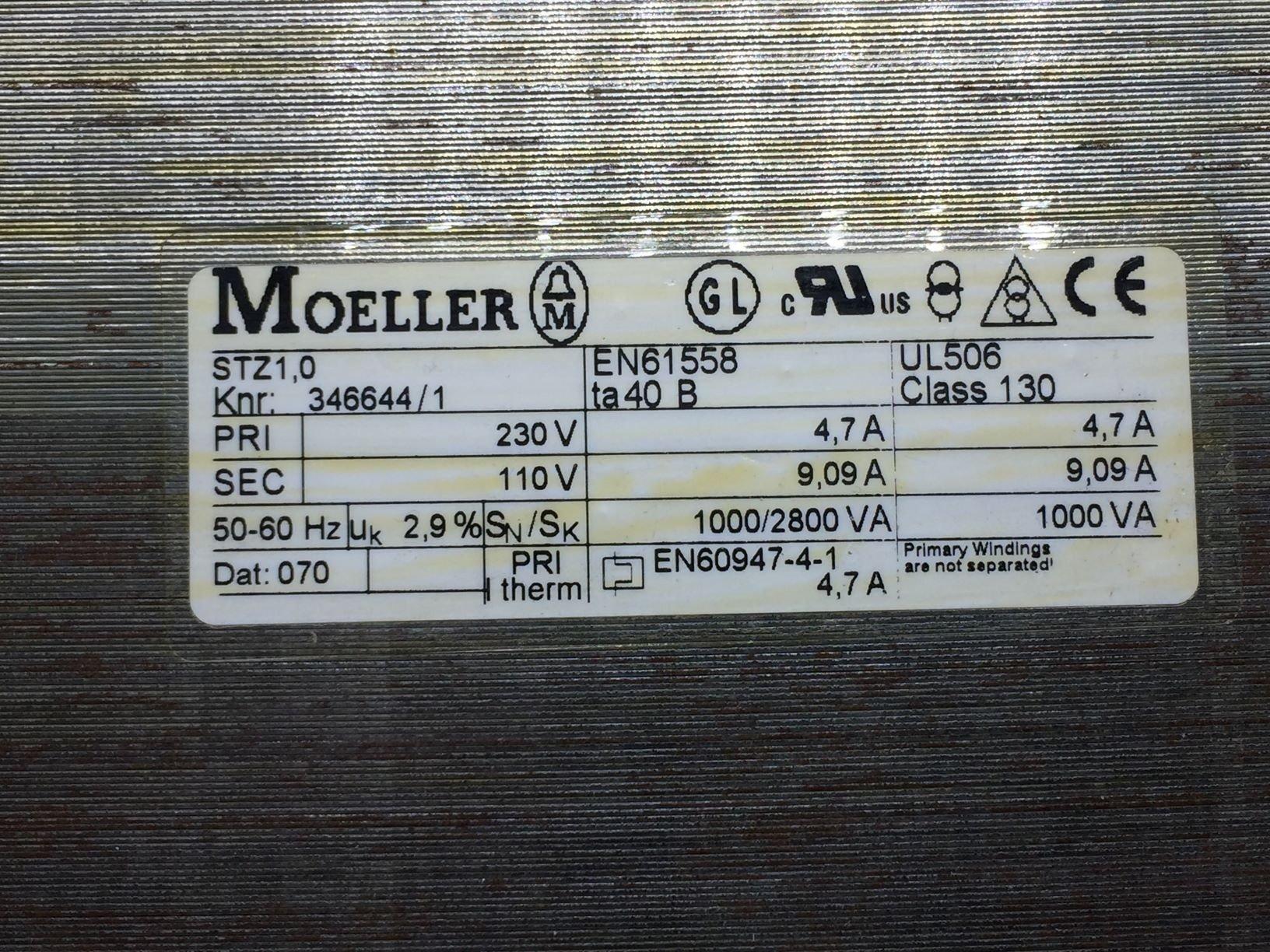  MOELLER STZ1,0 TRANSFORMER 230V PRI 110V SEC 100VA SINGLE PH. 346644/1 TESTED 