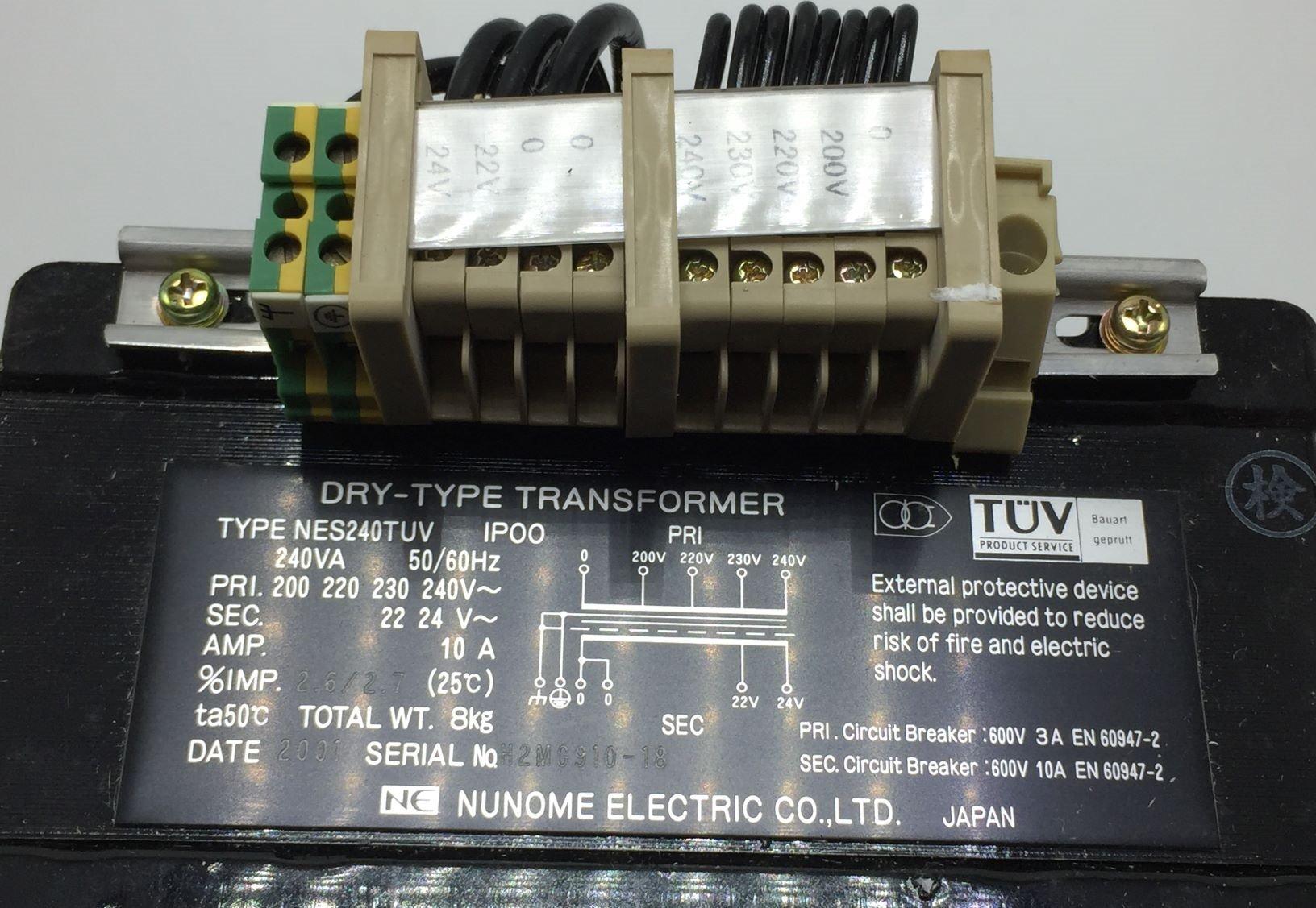 NEW NUNOME ELECTRIC CO NES240TUV 240VA DRY-TYPE TRANSFORMER PN# NES240TUV 24VAC 