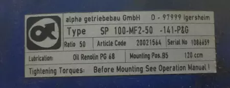 Alpha Wittestein SP 100-MF2-50-141 Gearbox Ratio 50:1 