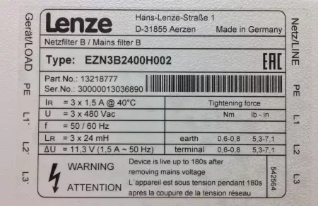 Lenze EZN3B2400H002 Power Supply 