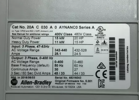 Allen-Bradley 20AC030A0AYNANCO SER. A PowerFlex 70 AC Drive, 15kW/20HP 