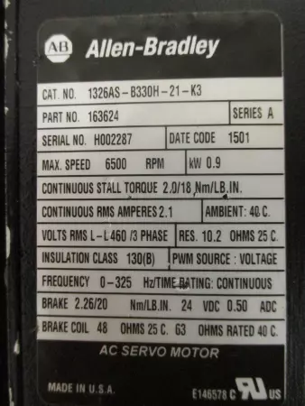 Allen-Bradley 1326AS-B330H-21 SER.A AC Servo Motor, 0.9kW - IN GERMANY 
