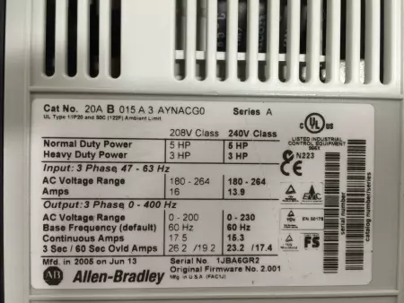 Allen Bradley 20AB015A3AYNACG0 SER.A PowerFlex 70 AC Drive, 4kW/5HP 