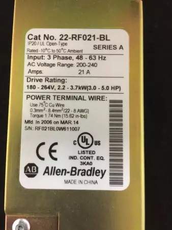 ALLEN BRADLEY 22-RF021-BL (TESTED) POWERFLEX 4 CLASS LINE FILTER 200-240VAC, SER A 