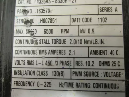 Allen-Bradley 1326AS-B330H-21 SER.A Electric Servo Motor, 0.9kW 