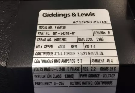 Giddings & Lewis FSM430 AC Servo Motor, 1.4kW 