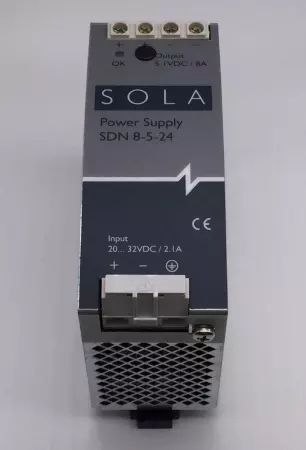 Sola/Hevi-Duty SDN8-5-24 Power Supply, In 20-32VDC 2.1A, Out 5.1VDC 8A 