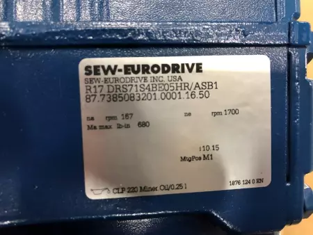 Sew-Eurodrive R17-DRS71S4BE05HR/ASB1 Gearmotor 0.5HP, Reducer Ratio 10.15:1 