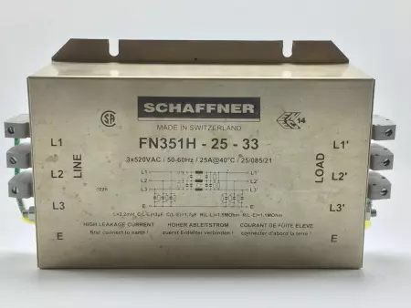  SCHAFFNER FN351H-25-33 3 PHASE EMC FILTER 24A/520VAC (TESTED) 