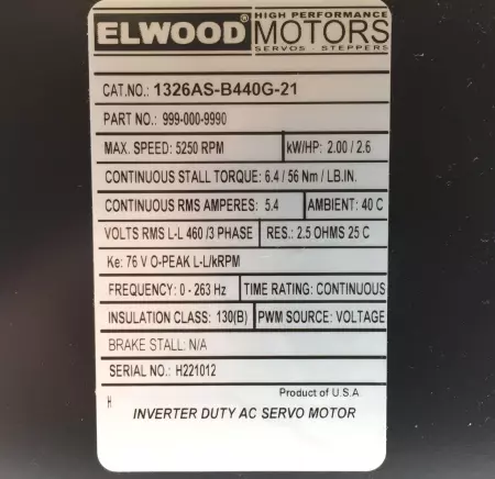 Elwood 1326AS-B440G-21 AC Servo Motor, 2.6HP 