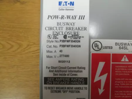 Eaton P3BFWF3040GN POW-R-WAY 3 Busway Circuit Breaker Enclosure 40A 