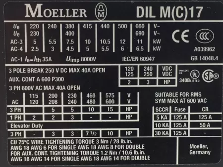 MOELLER DILM17-10-24VDC MOELLER DILM17-10 XSTART CONTACTOR 24-27VDC COIL 