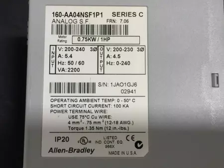  ALLEN BRADLEY 160-AA04NSF1P1 SER.C SMRT CONTROLLER W/LINE FILT. TESTED/CLEANED 