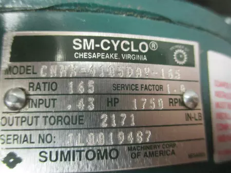 Sumitomo CNHX-4105DAY-165 SM-Cyclo® Speed Reducer, 0.43HP Ratio 165:1 