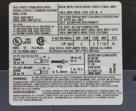 Siemens 3RA6120-1DB32 Sirius Compact Starter 208-690V 10HP Max 