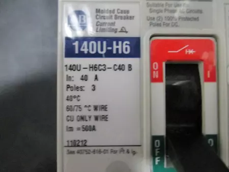 Allen-Bradley 140U-H6C3-C40 B Circuit Breaker 600VAC 40Amp 3-Pole 