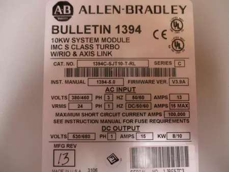 Allen-Bradley 1394C-SJT10-T-RL SER.C Digital Servo Controller, 10kW 