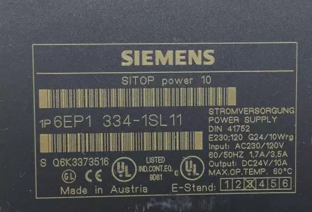 Siemens 6EP1334-1SL11 SITOP Power 10 Supply 24VDC/10A 