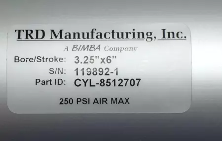 TRD MFG / BIMBA CYL-8512707 PNEUMATIC CYLINDER 3.25IN BORE 6IN STROKE 