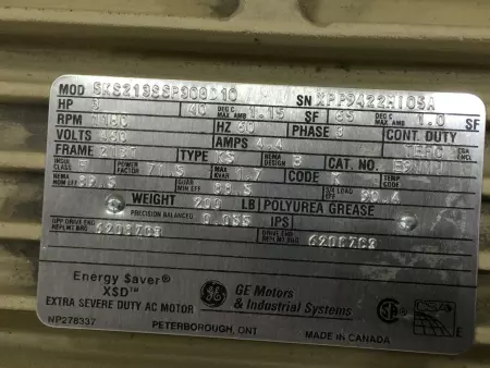  General Electric 5KS213SSP308D10 Energy Saver® Extra Severe Duty AC Motor 3HP 