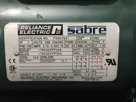 RELIANCE ELECTRIC P56H7641 SABRE AC MOTOR 1 HP, 1700 RPM, FRAME EC56C 