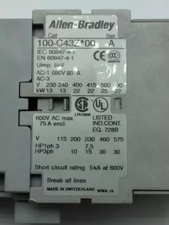  ALLEN BRADLEY 100-C43Z-00 ALLEN BRADLEY NON-REVERSING CONTACTOR 43A/24VDC COIL,