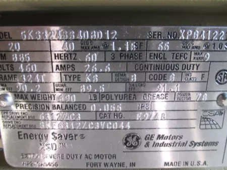 General Electric 5KS324SS408D12 Extra Severe Duty AC Motor, 20HP Frame 324T 