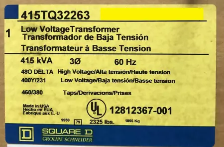 Square D 415TQ32263 3-Phase Insulated Low Voltage Transformer 415kVA 