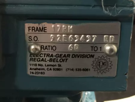 Regal-Beloit 92E63437 ED Electra-Gear Gearbox 60:1 Ratio 