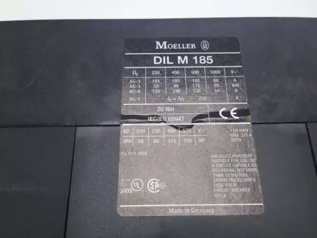 Moeller DILM185A Contactor 200-575V 50-150HP W/DIL M 820-XHI Auxiliary Contacts 