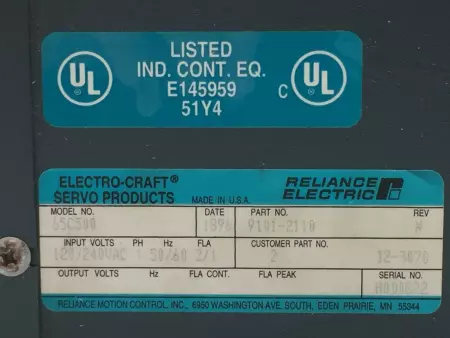 Reliance Electric 65C500 Electro-Craft® QUIQ Servo Positioning Module 