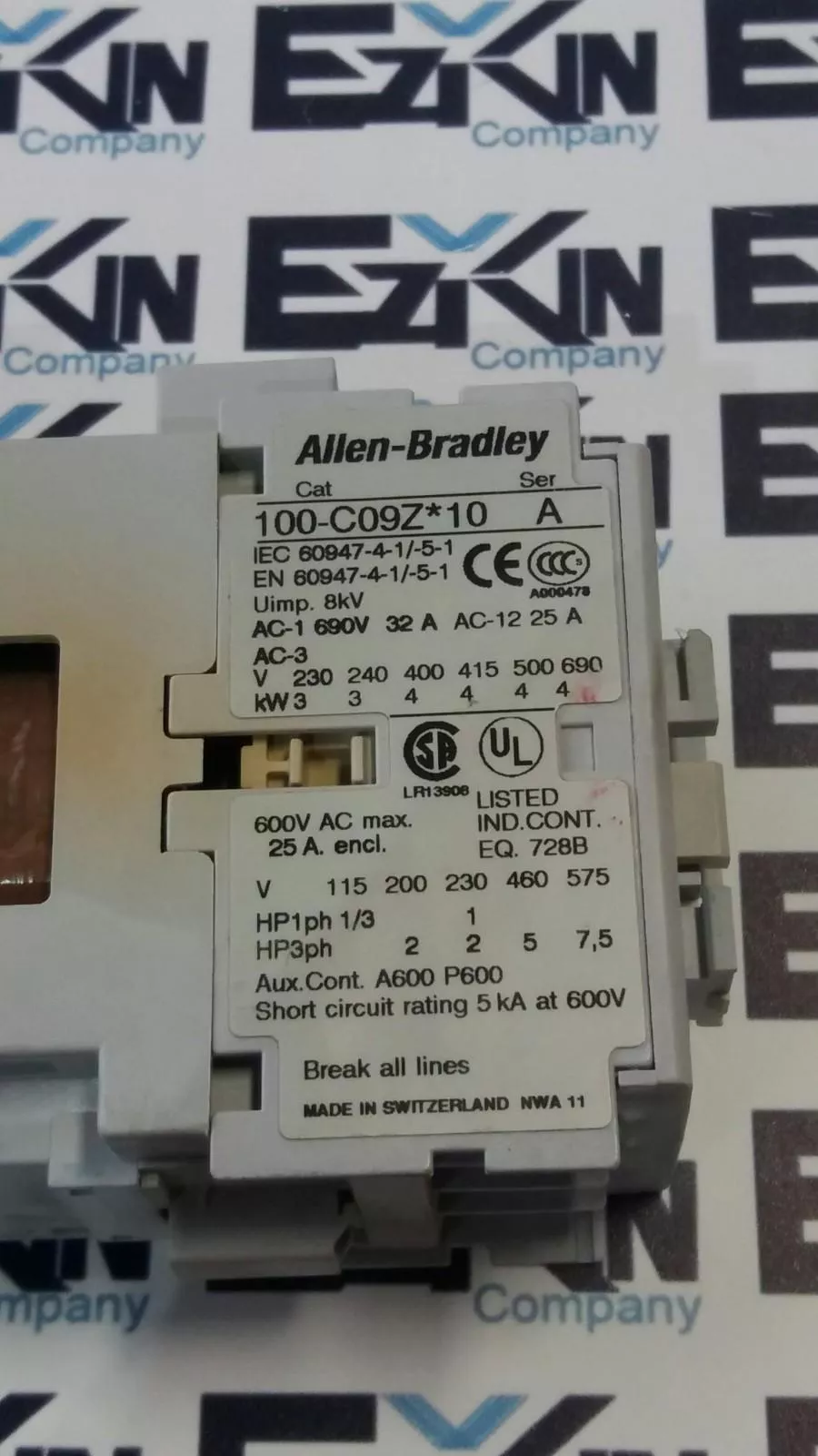 Allen-Bradley 100-C09Z*10 SER.A Contactor, 600VAC 9A 24VDC Coil 