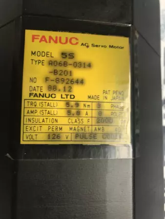 Fanuc A06B-0314-B201 AC Servo Motor, Model 5S 126V 