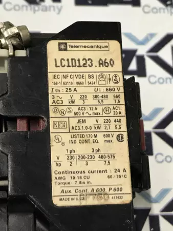 Telemecanique LC1D123 A60 Contactor, 25A 660V 