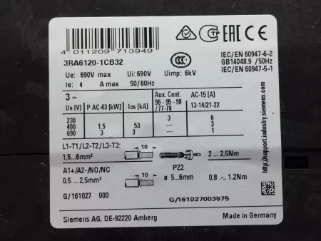 SIEMENS 3RA6120-1CB32 SIRIUS COMPACT STARTER 1-4A 