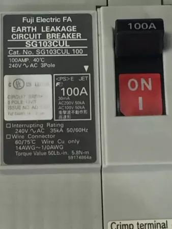 Fuji Electronic SG103CUL Earth Leakage Circuit Breaker 100A 240VAC 3P 