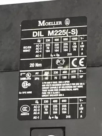 Moeller DIL M225(-S) Contactor 3PH 600V 250A 