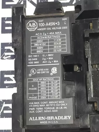 Allen-Bradley 100-A45N*3 Contactor 120V Coil 