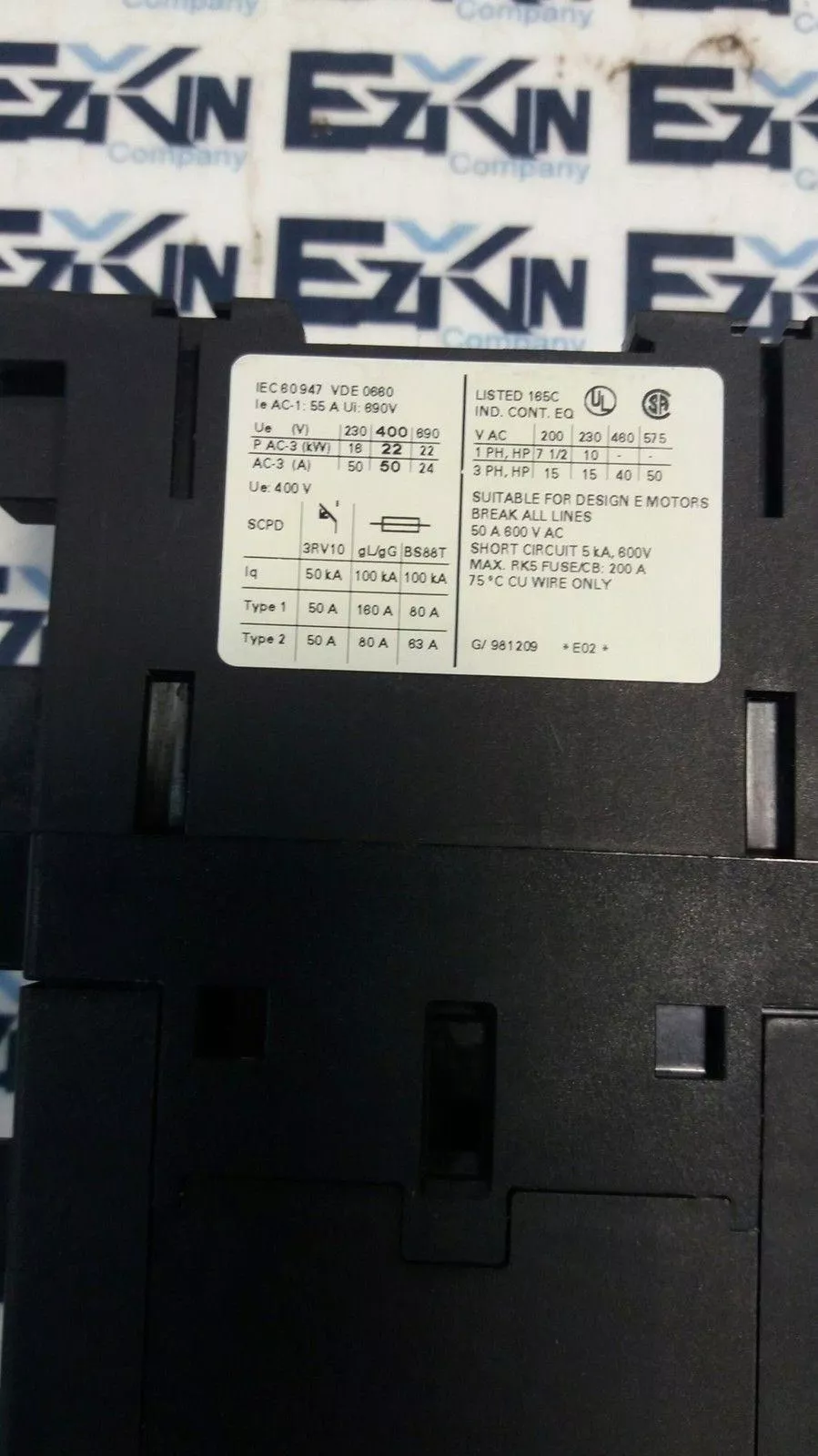 Siemens 3RT1036-1B..0 Contactor 24VDC Coil 50Amp 600V W/Aux Contact Block 