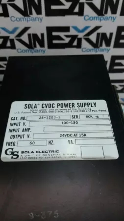 Sola Electric 28-1203-2 SER.80K CVDC Power Supply, In 100-130V Out 24VDC 15A 