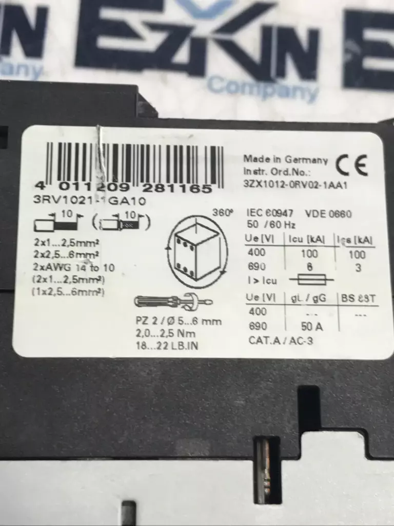 Siemens 3RV1021-1GA10 Motor Starter 600V 25Amp 3-Pole  4.5-6.3A 
